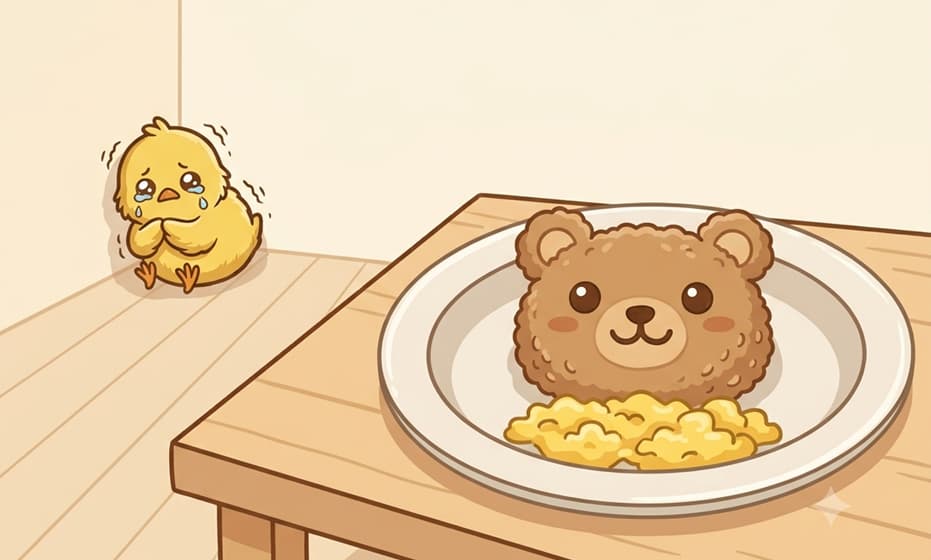 クマの顔がついたご飯を怖がって、部屋の隅で泣いて震えるひよこのイラスト