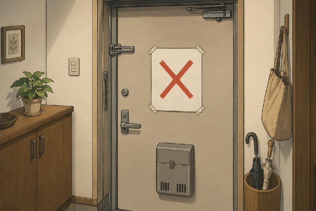 玄関ドアに貼った「×」の紙